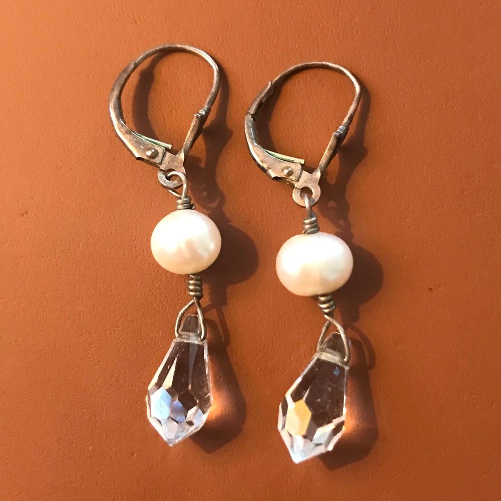 Genuine Pearl and Swarovski Crystal Silver Drop Earrings
